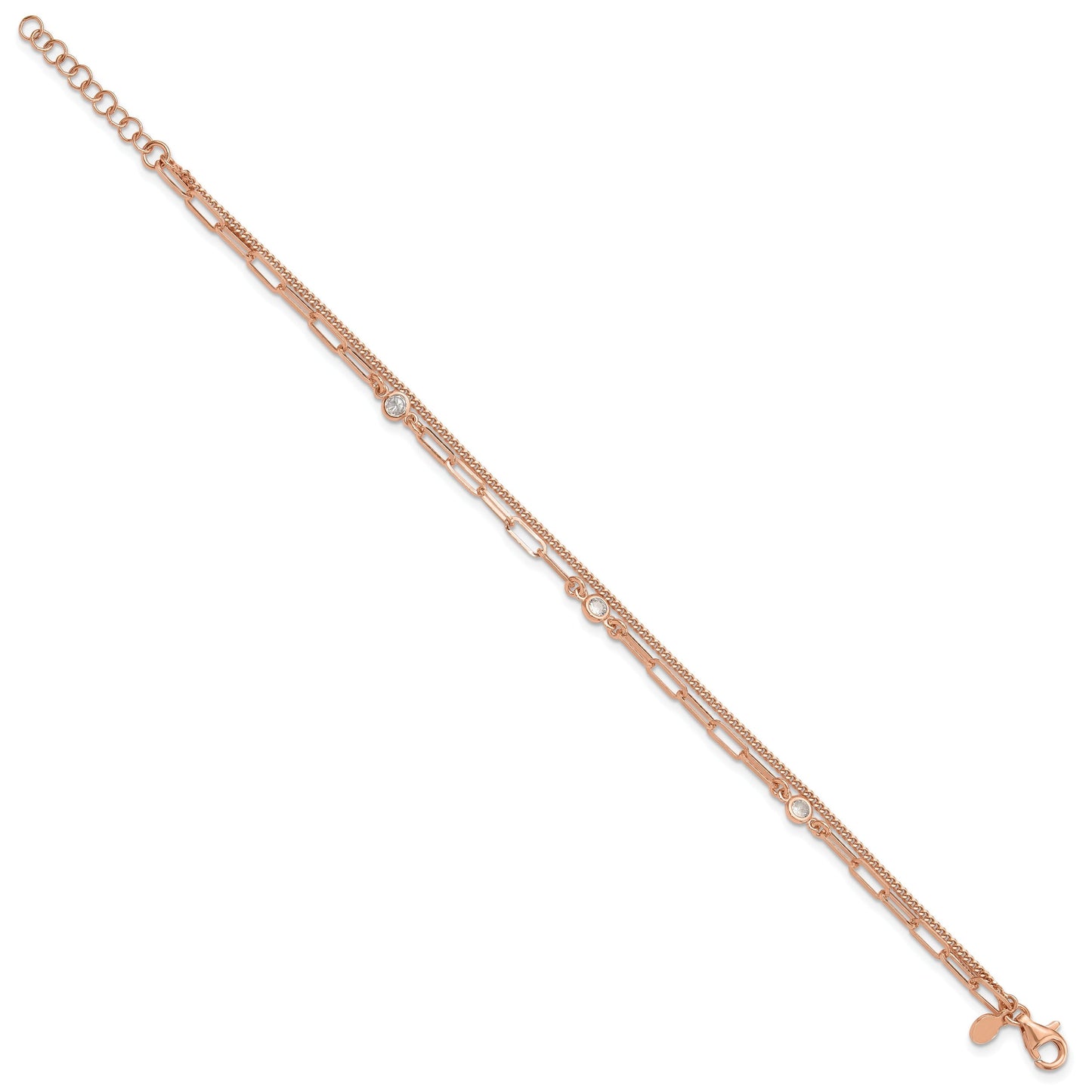 Round White Cubic Zirconia Bezel Rose Gold Plated Silver 2-Strand Paperclip & Curb Chain Station Link Bracelet