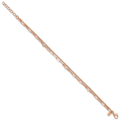 Round White Cubic Zirconia Bezel Rose Gold Plated Silver 2-Strand Paperclip & Curb Chain Station Link Bracelet