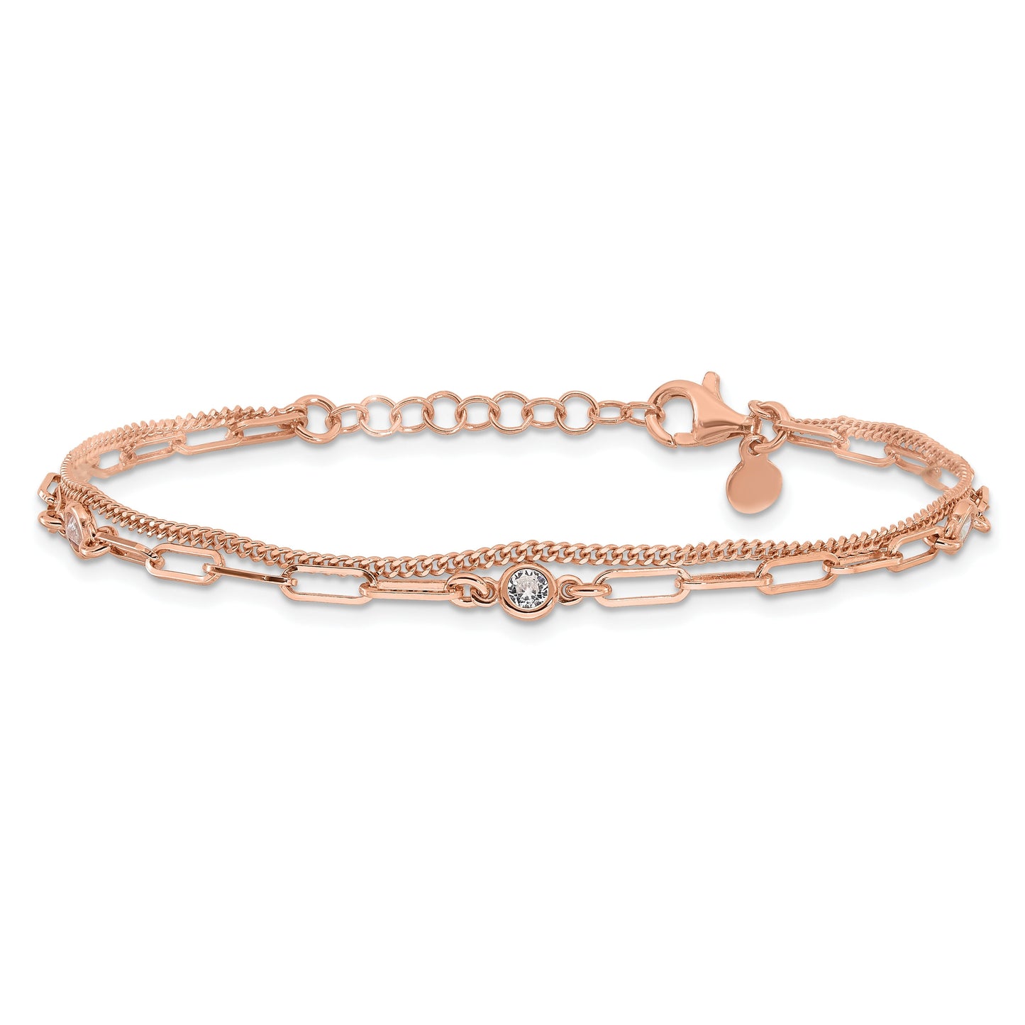 Round White Cubic Zirconia Bezel Rose Gold Plated Silver 2-Strand Paperclip & Curb Chain Station Link Bracelet