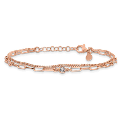 Round White Cubic Zirconia Bezel Rose Gold Plated Silver 2-Strand Paperclip & Curb Chain Station Link Bracelet