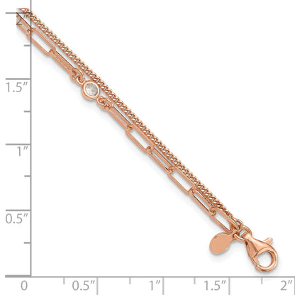 Round White Cubic Zirconia Bezel Rose Gold Plated Silver 2-Strand Paperclip & Curb Chain Station Link Bracelet