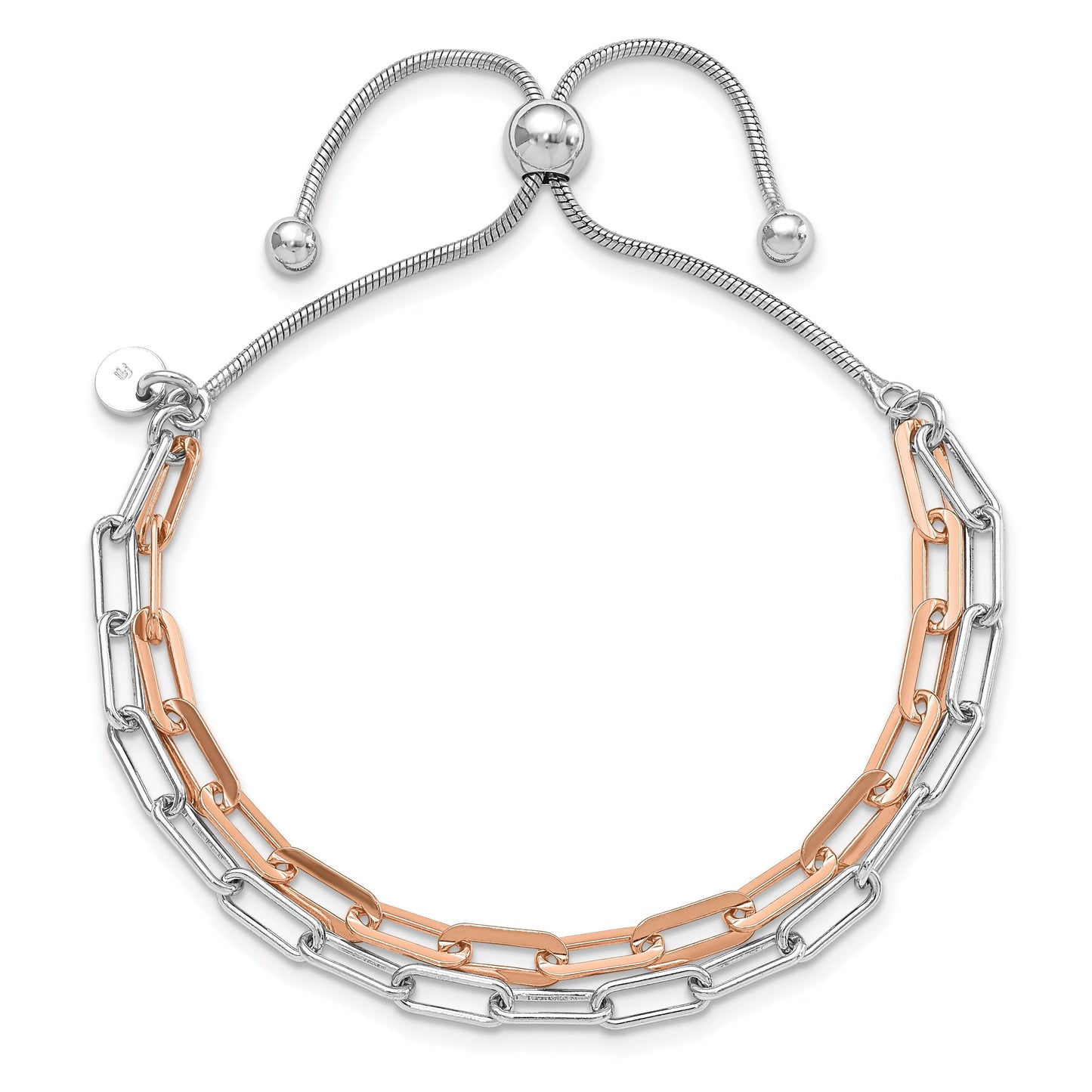 Two-Tone Rose Gold Plated Sterling Silver 2-Strand Paperclip Link Adjustable Slider Bolo Bracelet