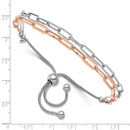Two-Tone Rose Gold Plated Sterling Silver 2-Strand Paperclip Link Adjustable Slider Bolo Bracelet