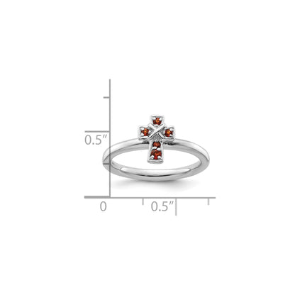 0.15 Ct Round Red Garnet Prong Silver Stackable Cross Ring