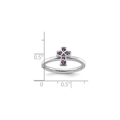 0.018 Ct Round Purple Amethyst Prong Silver Stackable Cross Ring