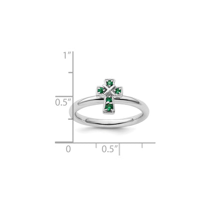 0.04 Ct Round Green Lab Created Emerald Prong Silver Stackable Cross Ring