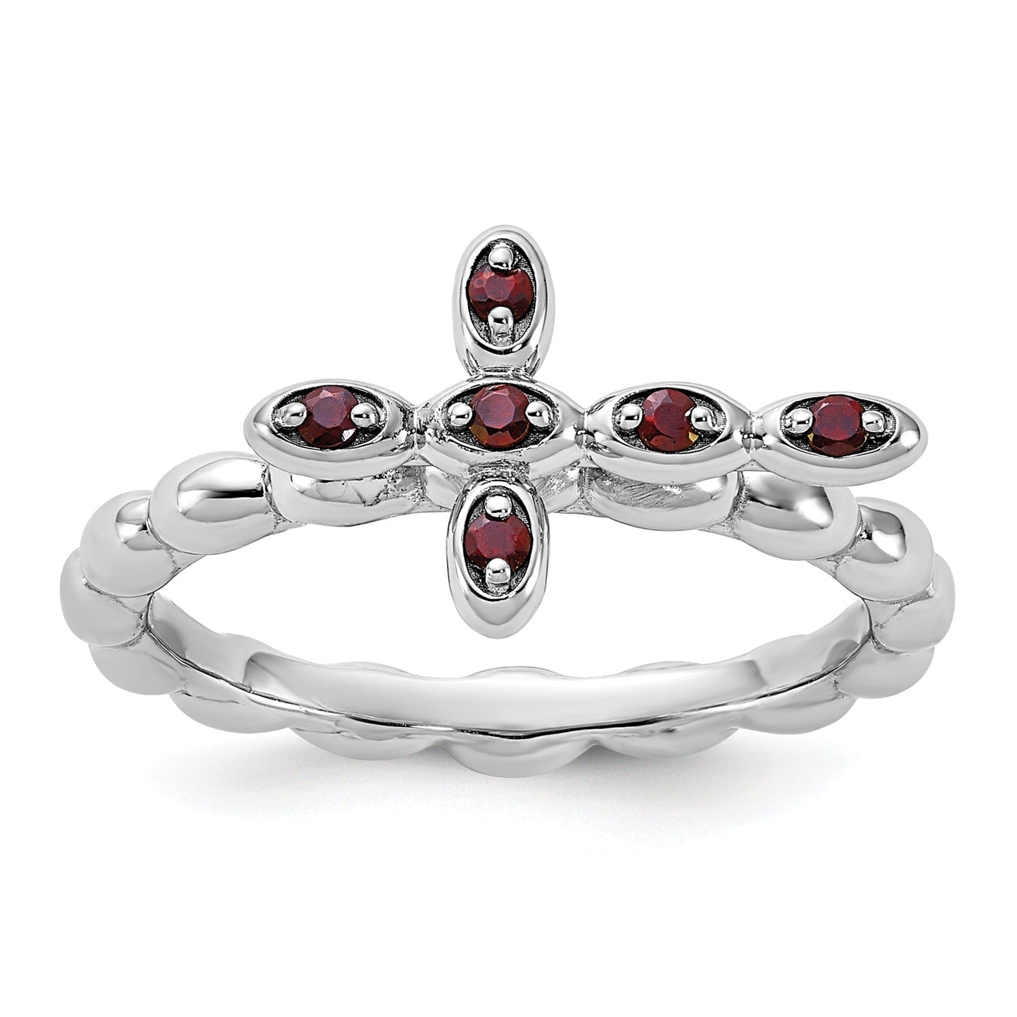 0.14 Ct Round Red Garnet Prong Silver Stackable Cross Ring