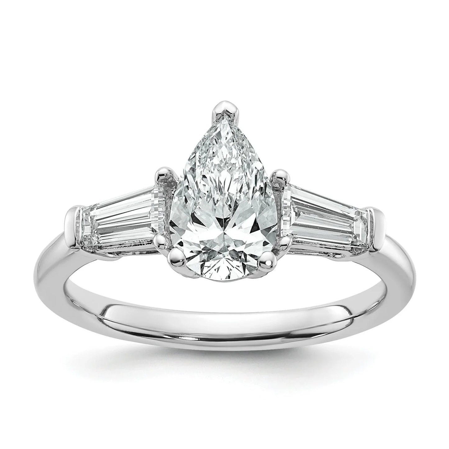 14k White Gold Lab Grown Pear Diamond Baguette 3-Stone Bridal Ring