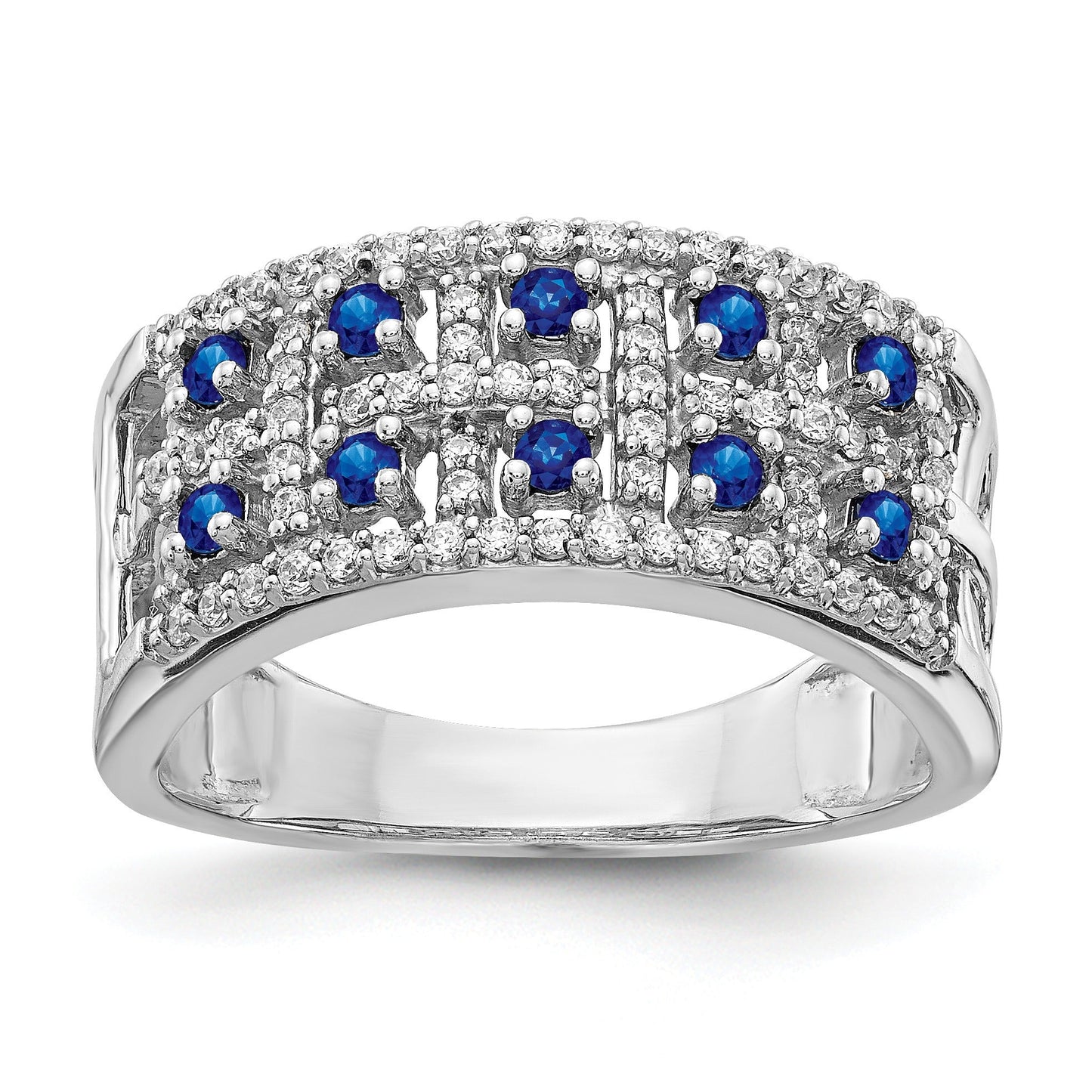 0.6 Ct Round Blue Sapphire & Diamond Prong 14K White Gold Two-Row Band Ring
