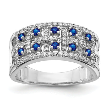 0.6 Ct Round Blue Sapphire & Diamond Prong 14K White Gold Two-Row Band Ring