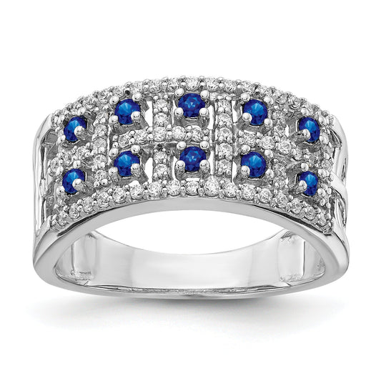 0.6 Ct Round Blue Sapphire & Diamond Prong 14K White Gold Two-Row Band Ring