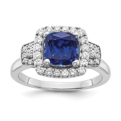 2 Ct Cushion Blue Created Sapphire & Lab Diamond Prong 10K White Gold Halo Ring