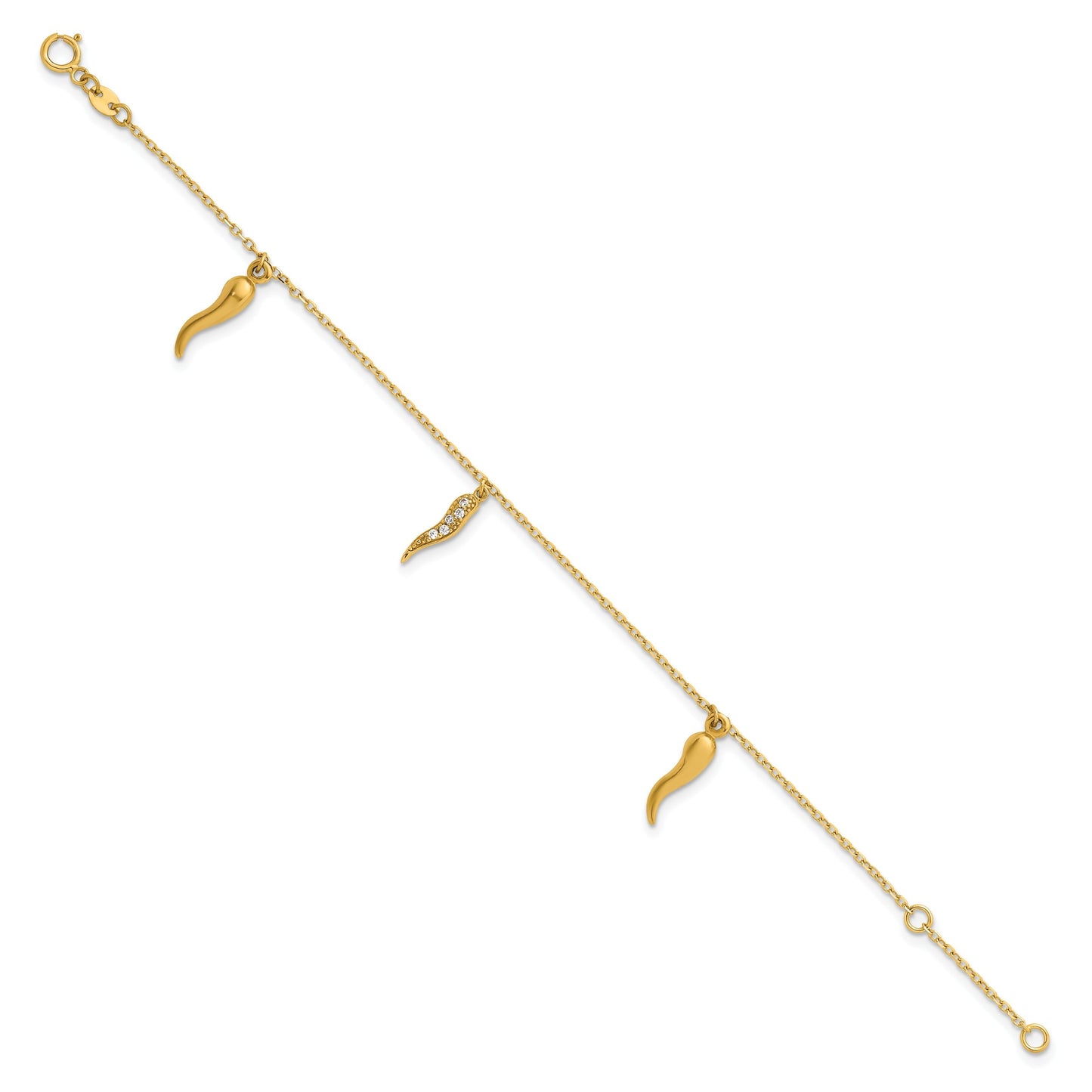Round White Cubic Zirconia Prong 14K Yellow Gold 3 Italian Horn Dangles with Spring Ring Clasp Charm Bracelet
