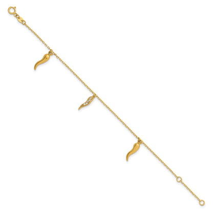 Round White Cubic Zirconia Prong 14K Yellow Gold 3 Italian Horn Dangles with Spring Ring Clasp Charm Bracelet