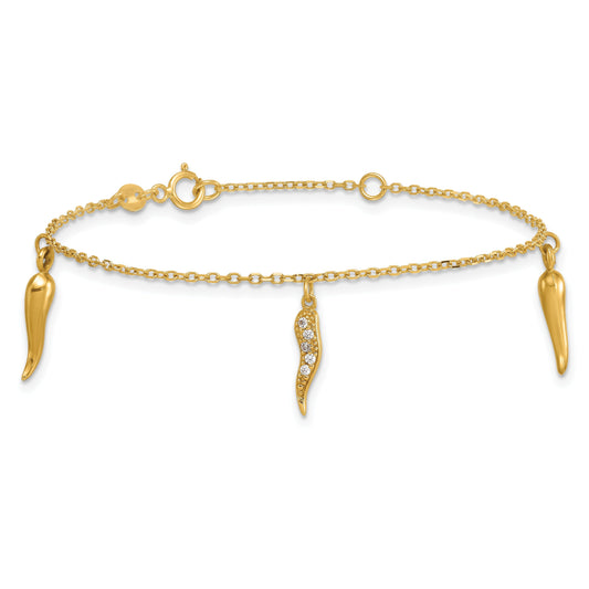 Round White Cubic Zirconia Prong 14K Yellow Gold 3 Italian Horn Dangles with Spring Ring Clasp Charm Bracelet