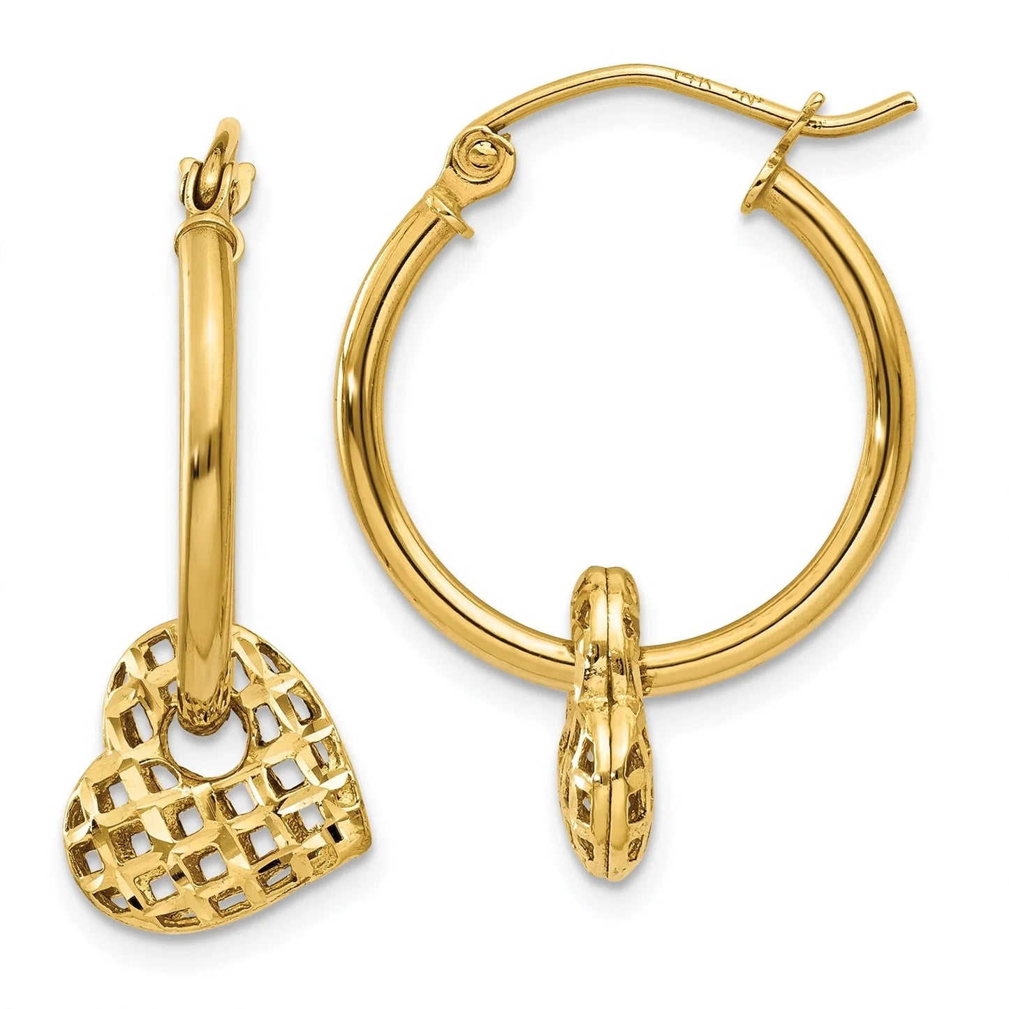 14K Gold Moveable Heart Hoop Earrings