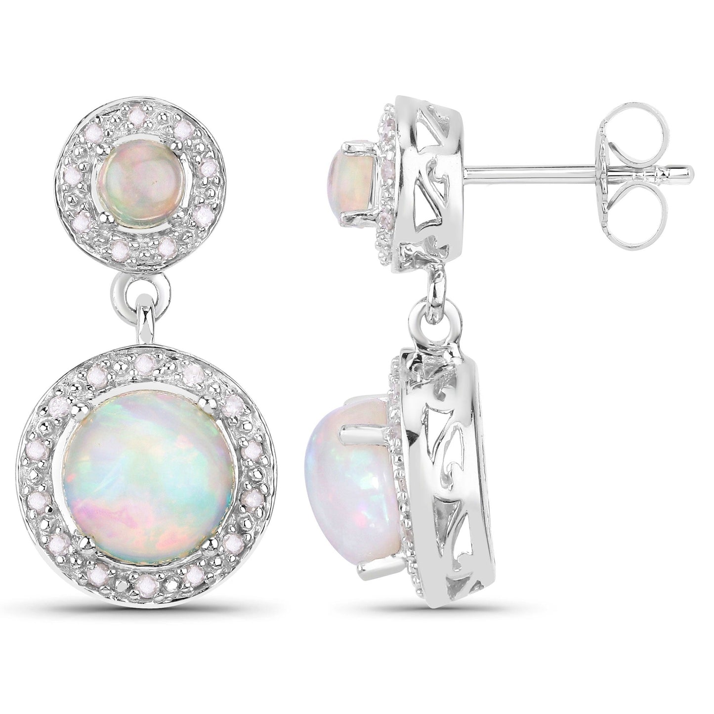 2.02 Ct Round White Ethiopian Opal & Diamond Prong Silver Halo Dangle Earrings