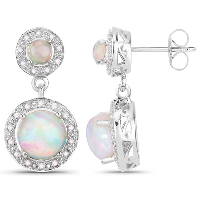 2.02 Ct Round White Ethiopian Opal & Diamond Prong Silver Halo Dangle Earrings