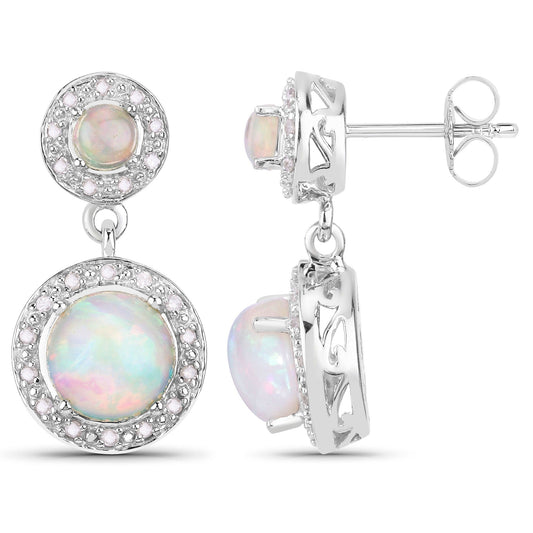 2.02 Ct Round White Ethiopian Opal & Diamond Prong Silver Halo Dangle Earrings