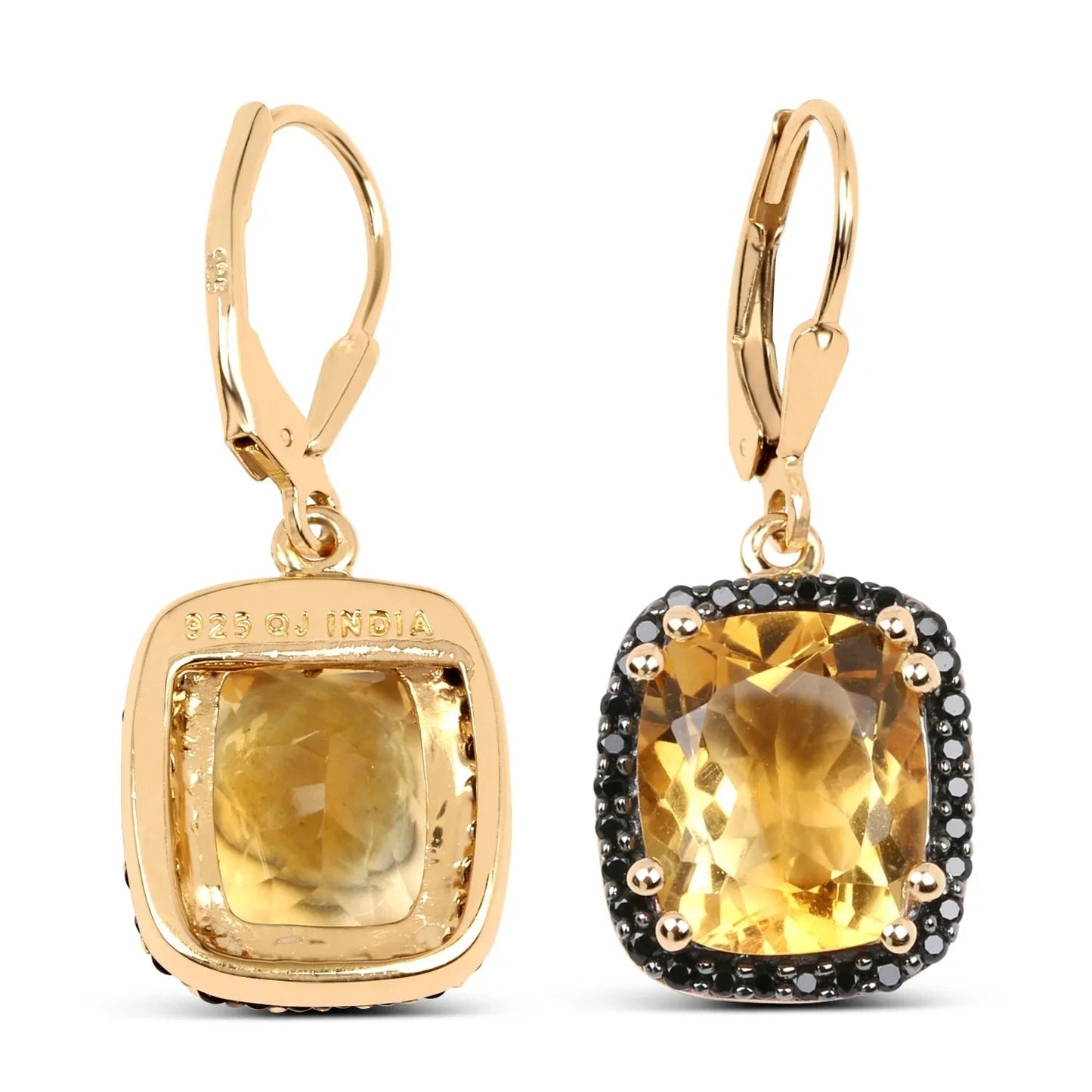 8.90 Ct Yellow Citrine & Black Spinel Prong Silver Leverback Dangle Earrings