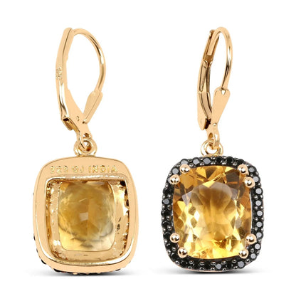 8.90 Ct Yellow Citrine & Black Spinel Prong Silver Leverback Dangle Earrings