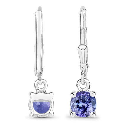 0.94 Ct Round Violet Tanzanite Prong Silver Leverback Dangle Earrings