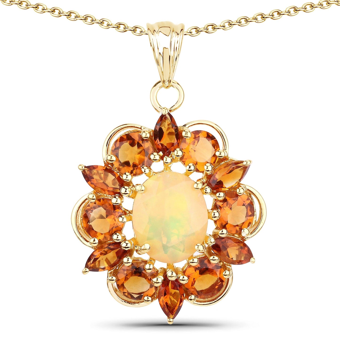 1.85 Ct Oval White Ethiopian Opal Prong Gold Plated Silver Cluster Halo Pendant Necklace