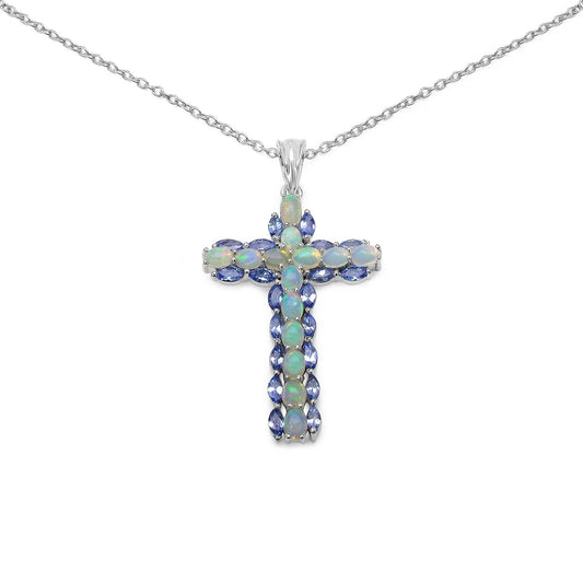 0.16 Ct Oval White Ethiopian Opal Prong Rhodium Plated Silver Cross Necklace