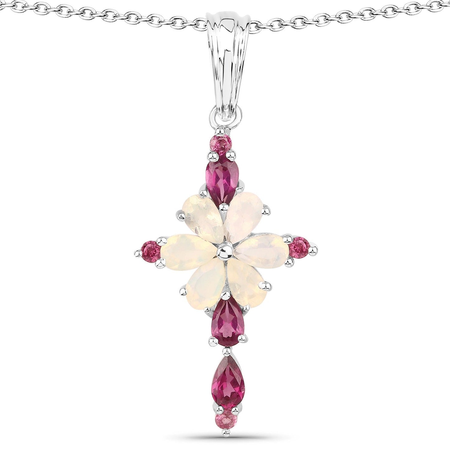 0.78 Ct Pear White Ethiopian Opal Prong Silver Cocktail Cross Pendant Necklace