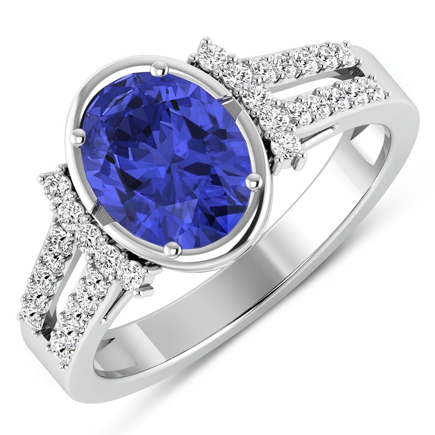 1.41 Ct Oval Violet Tanzanite & Lab Diamond Bezel 14K Gold Bridge Ring