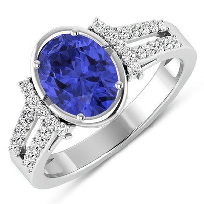 1.41 Ct Oval Violet Tanzanite & Lab Diamond Bezel 14K Gold Bridge Ring