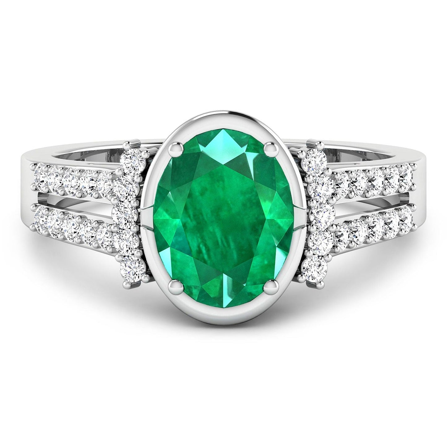 1.53 Ct Oval Green Zambian Emerald & Diamond Prong 14K Gold Bridge Ring