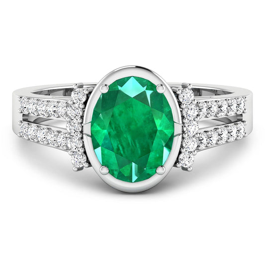 1.53 Ct Oval Green Zambian Emerald & Diamond Prong 14K Gold Bridge Ring
