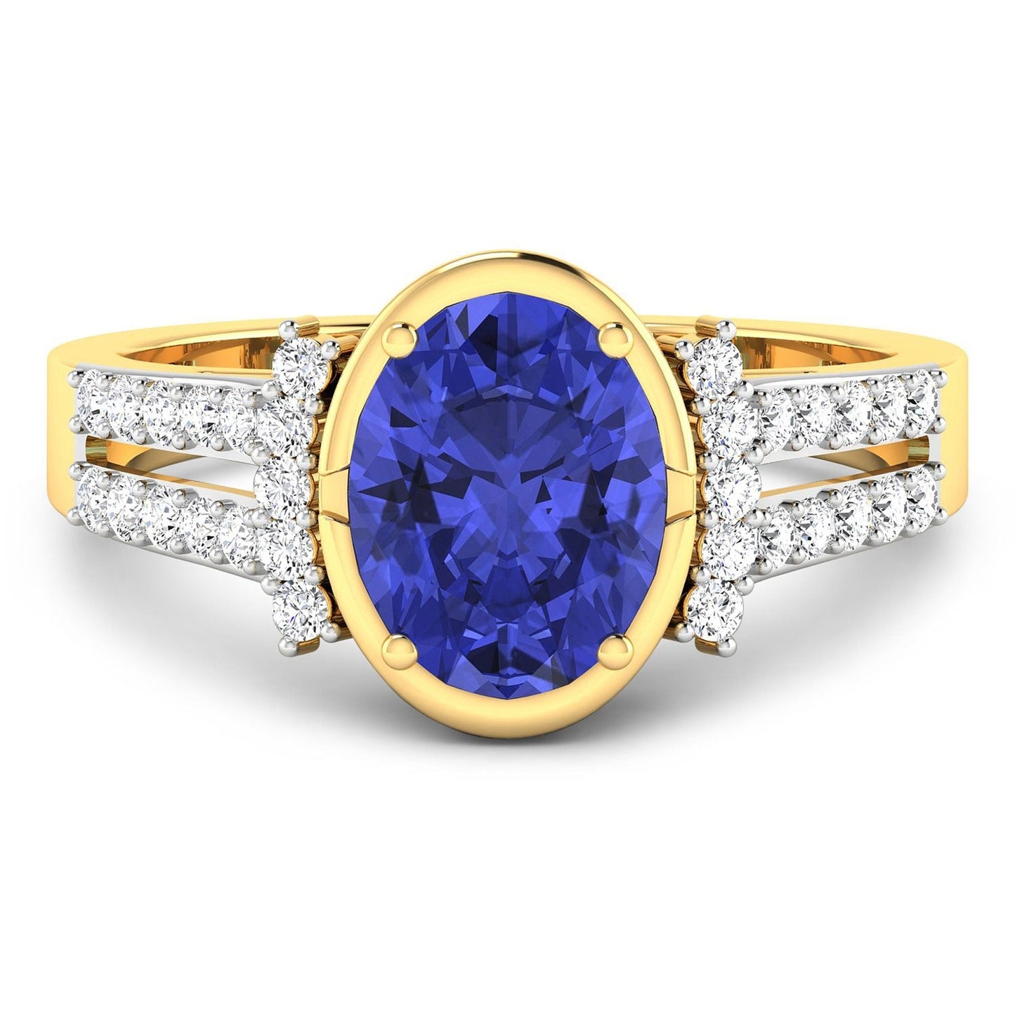 1.41 Ct Oval Violet Tanzanite & Lab Diamond Bezel 14K Gold Bridge Ring