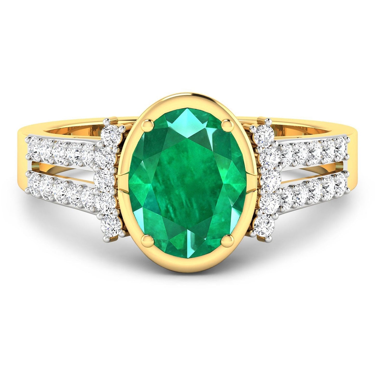 1.53 Ct Oval Green Zambian Emerald & Diamond Prong 14K Gold Bridge Ring