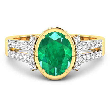 1.53 Ct Oval Green Zambian Emerald & Diamond Prong 14K Gold Bridge Ring