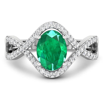 1 Ct Oval Green Zambian Emerald Diamond Prong 14K Gold Crossover Ring