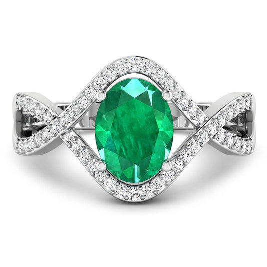 1 Ct Oval Green Zambian Emerald Diamond Prong 14K Gold Crossover Ring