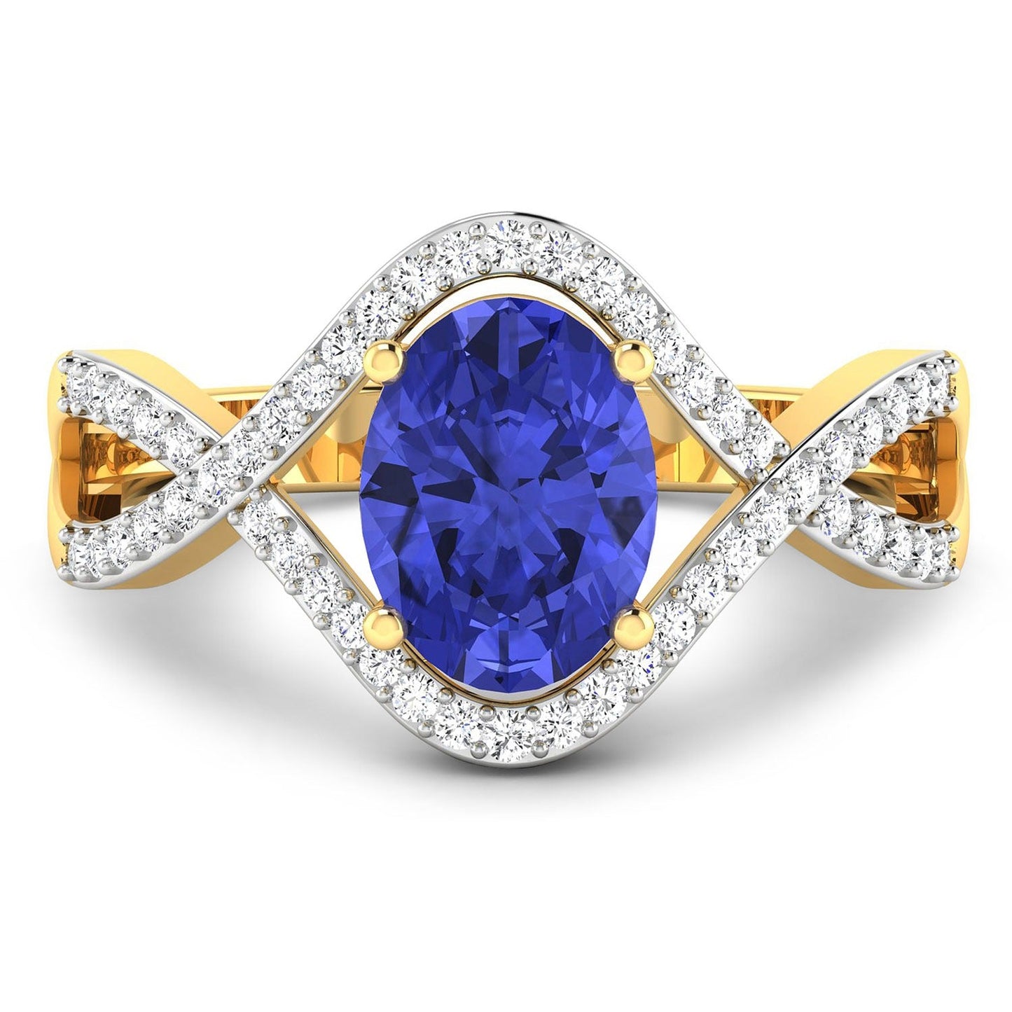 1.09 Ct Oval Violet Tanzanite Lab Diamond Prong 14k Gold Crossover Ring