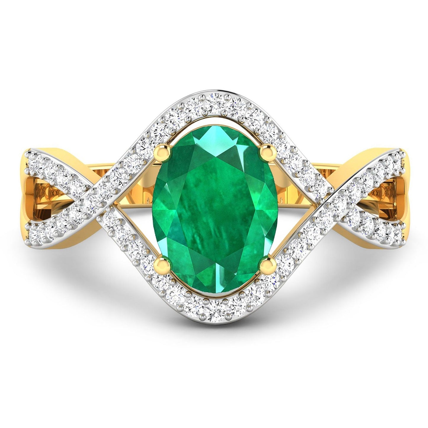 1 Ct Oval Green Zambian Emerald Diamond Prong 14K Gold Crossover Ring