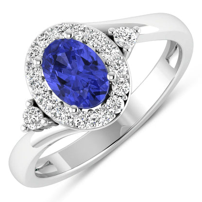 0.75 Ct Oval Violet Tanzanite & Lab Diamond Prong 14K Gold Halo Bypass Ring