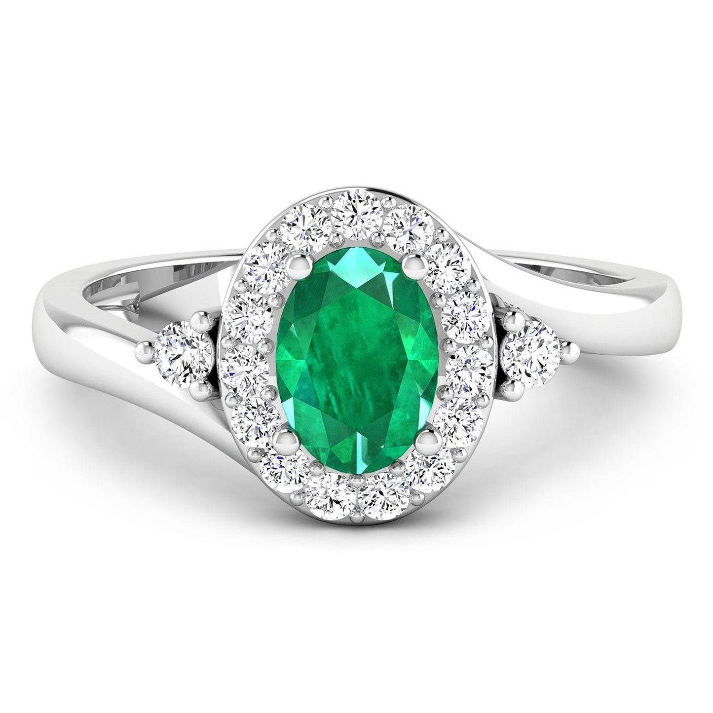 0.70 Ct Oval Green Zambian Emerald & Lab Diamond Prong 14K Gold Bypass Halo Ring