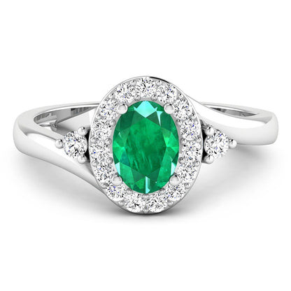 0.70 Ct Oval Green Zambian Emerald & Lab Diamond Prong 14K Gold Bypass Halo Ring