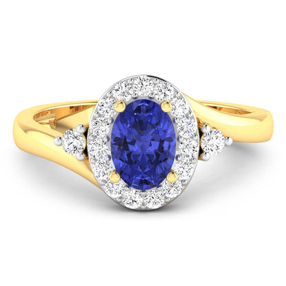 0.75 Ct Oval Violet Tanzanite & Lab Diamond Prong 14K Gold Halo Bypass Ring