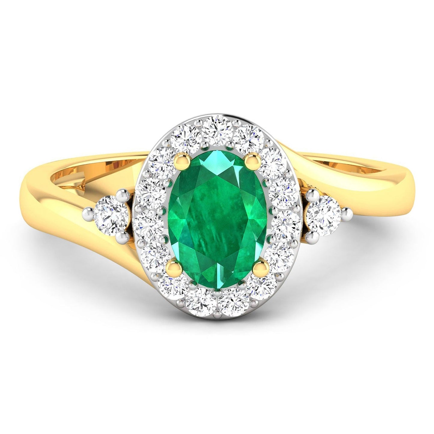 0.70 Ct Oval Green Zambian Emerald & Lab Diamond Prong 14K Gold Bypass Halo Ring
