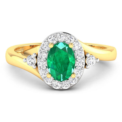0.70 Ct Oval Green Zambian Emerald & Lab Diamond Prong 14K Gold Bypass Halo Ring
