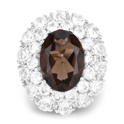 9.29 Ct Oval Brown Smokey Quartz Prong Sterling Silver Double Halo Ring
