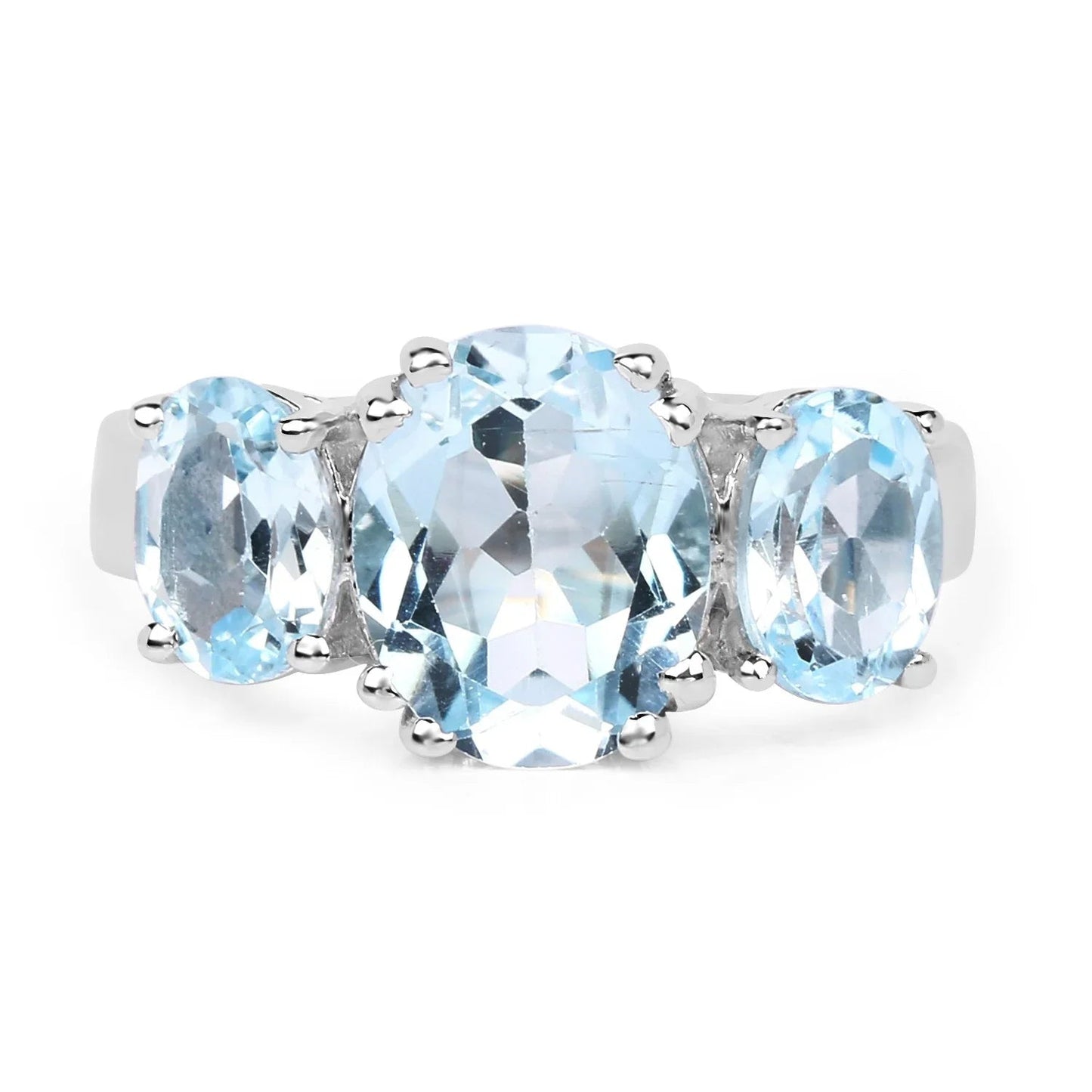 4.45 Ct Oval Blue Topaz Prong Sterling Silver Three Stone Ring