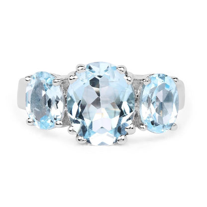 4.45 Ct Oval Blue Topaz Prong Sterling Silver Three Stone Ring