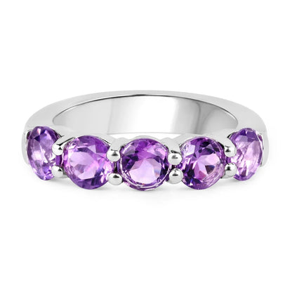 2.25 Ct Round Purple Amethyst Prong Silver Five Stone Ring